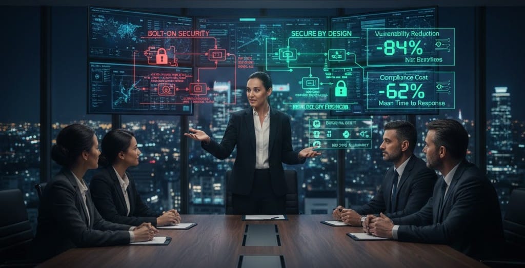 Boardroom presentation of strategic CISO championing 'Secure by Design' principles, showing integrated security architecture embedded from design phase through deployment with compliance frameworks and risk reduction metrics.