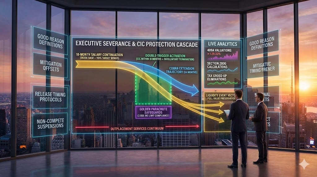 Comprehensive executive severance and CIC architecture—golden 18-month salary continuation cascade, blue bonus/target guarantee ring, emerald equity acceleration triggers (double-trigger CIC+termination), purple COBRA extension, crimson golden parachute safeguards