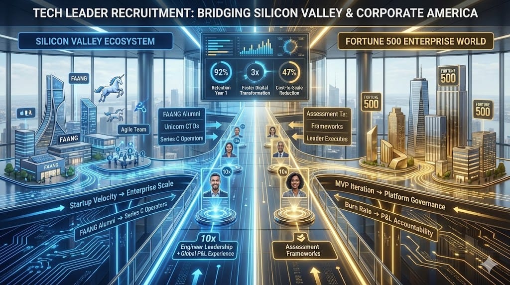 Strategic bridge connecting Silicon Valley innovation velocity with Corporate America scale execution, channeling battle-tested tech leaders who master both startup agility and enterprise governance.