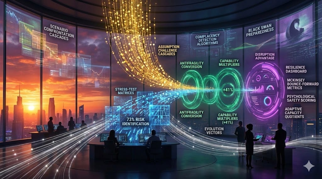 Strategic skeptical leadership architecture—golden assumption challenge cascades (73% risk identification), blue stress-test matrices, emerald antifragility rings (+41% disruption conversion), purple resilience dashboard ensuring perpetual organizational evolution under volatility.