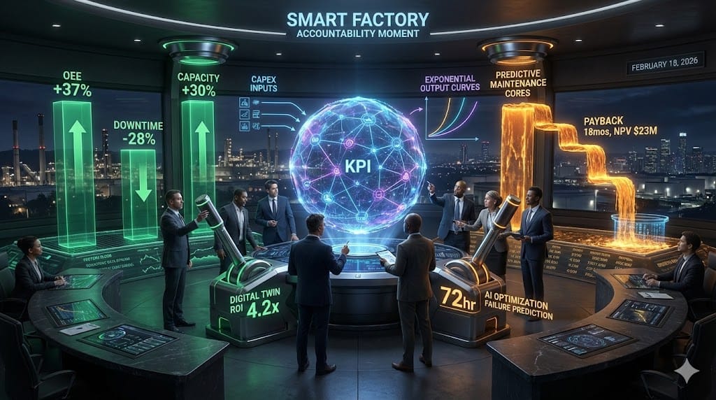 Dynamic ROI dashboard illuminating smart factory investment returns through surging OEE metrics, slashed downtime curves, and cascading revenue acceleration trajectories under executive accountability spotlight.
