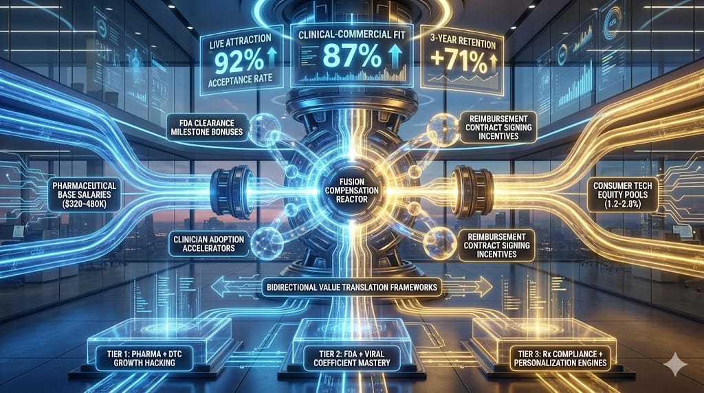 Hybrid compensation architecture for digital therapeutics specialists blending pharma regulatory base stability with consumer tech equity upside through milestone-triggered refreshers and clinical-commercial incentives.