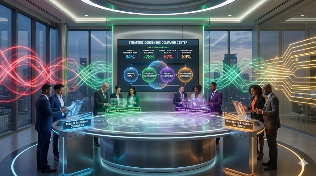 Executive alignment nexus synchronizing clinical leaders, financial executives, operational teams, and patient advocates across divergent priorities via integrated success metrics and collaborative decision architecture.