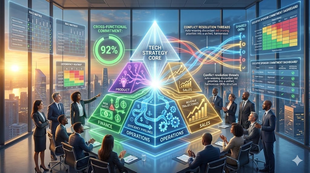 C-suite dashboard synchronizing business unit stakeholders around unified tech strategy with real-time alignment metrics across finance, operations, sales, and product teams