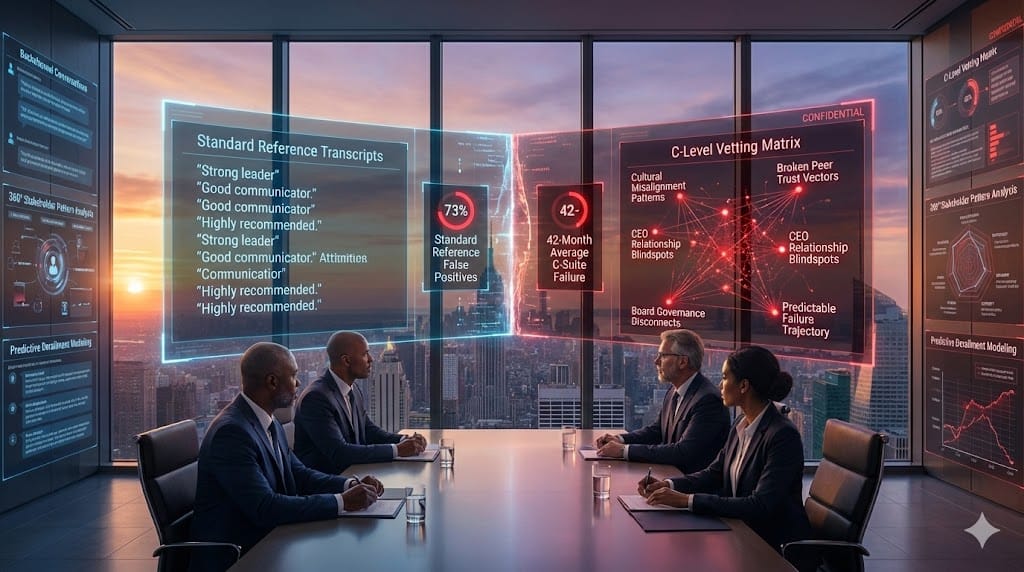 Executive search exposing standard reference limitations vs deep behavioral assessment revealing hidden C-suite risks—cultural misalignment patterns, peer trust deficits, CEO relationship blindspots missed by scripted endorsements