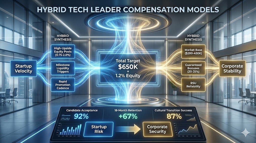 Strategic compensation bridge harmonizing startup equity upside with corporate base stability through hybrid models blending milestone-triggered refreshers, guaranteed draws, and dual vesting structures.