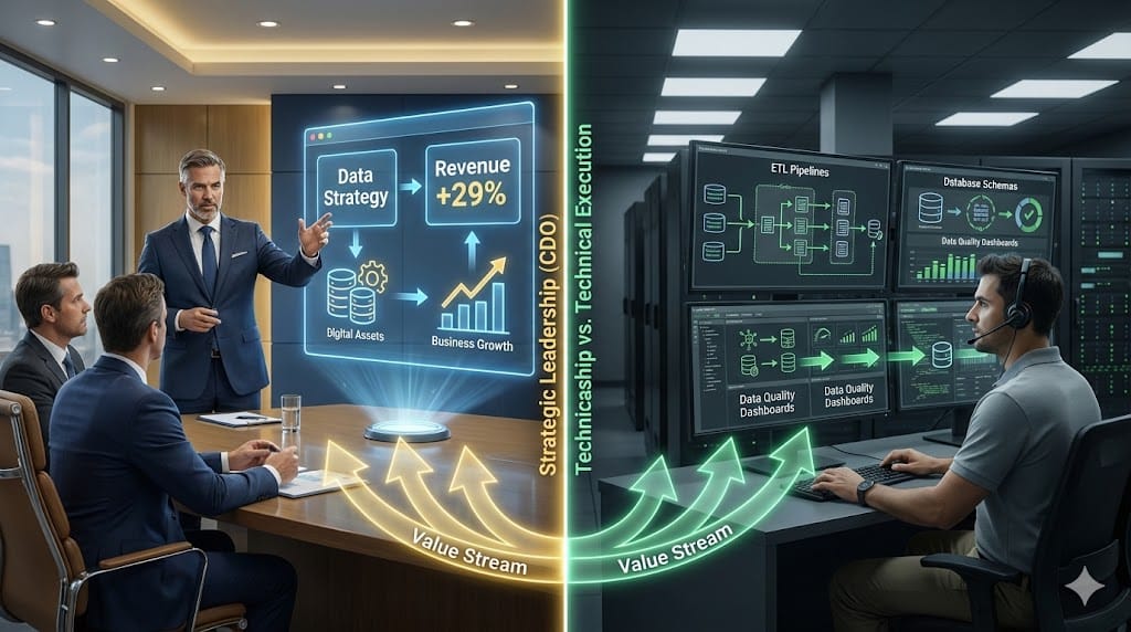 Split visualization contrasting Strategic Chief Data Officer driving enterprise data strategy with C-suite alignment versus Technical Data Manager focused on infrastructure operations and data pipelines.