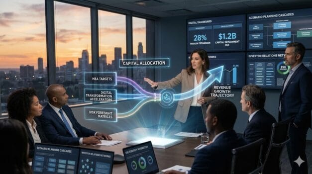 Strategic CFO orchestrating corporate transformation from financial stewardship to growth navigator integrating capital allocation, M&A strategy, digital innovation, and risk foresight driving enterprise value creation