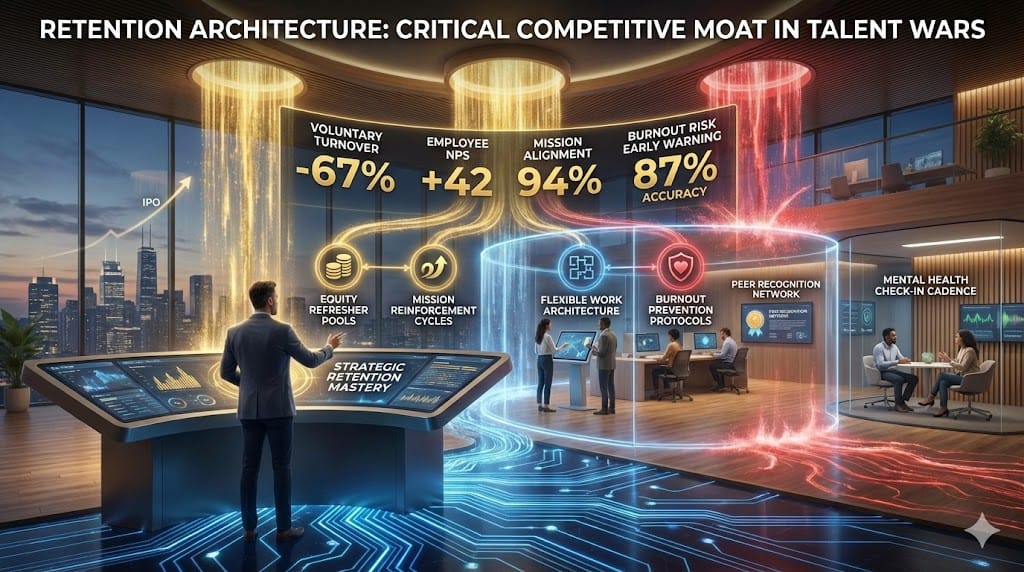 Tech executive orchestrating retention architecture in high-burnout environments through equity refreshers, mission reinforcement, flexible work models, and mental health support systems.