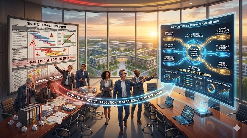 C-suite technology roadmap evolving from tactical project lists to strategic business outcome trajectories linking platform investments to revenue acceleration and market dominance