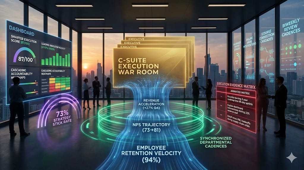 Dynamic strategy execution interrogation dashboard—animated golden PowerPoint slides dissolving into blue operational metrics cascade (revenue +27%, NPS 73), emerald cross-functional alignment rings pulsing, crimson execution evidence matrix revealing 87% implementation fidelity.