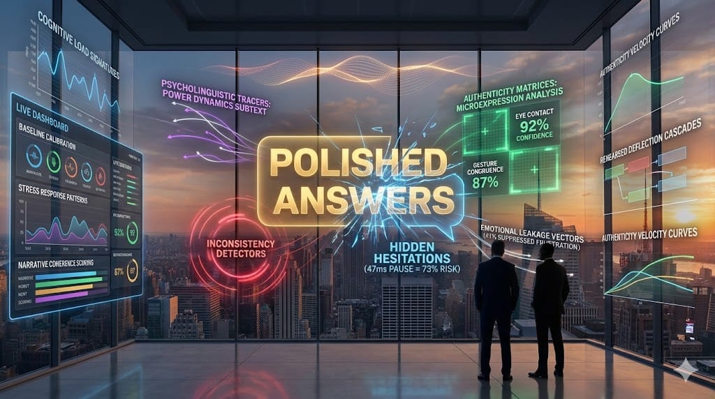 Animated subtext analysis dashboard—golden scripted responses dissolving to reveal blue hidden hesitations (47% leadership risk), crimson inconsistency detectors pulsing, emerald authenticity matrices expanding with 87% predictive accuracy for C-suite success.