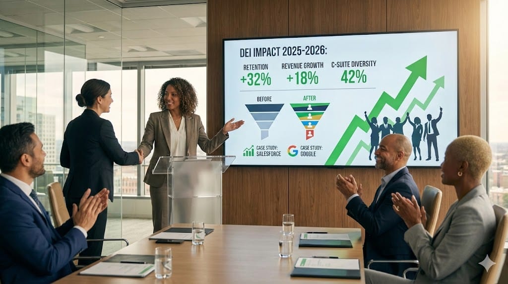 New C-suite executive presenting successful DEI transformation metrics to diverse board, showing before/after diversity pipeline charts and upward revenue trends