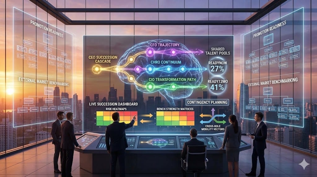 Integrated succession mapping network through one executive search firm—CEO trajectory converging with CFO, CHRO, CIO pipelines; shared talent pools feeding multiple C-level successions with risk-adjusted timelines and bench strength visualization