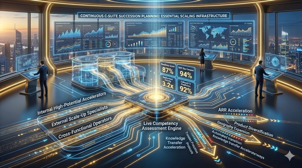 Dynamic succession planning architecture adapting C-suite pipelines to hypergrowth velocity, featuring parallel readiness tracks, live competency gap analysis, and rapid deployment readiness for scaling companies.