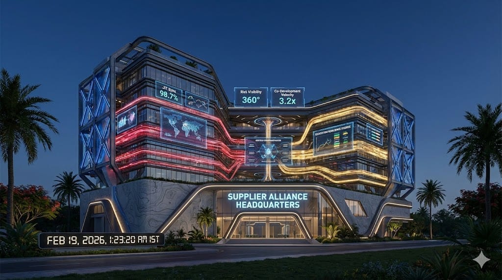 Strategic manufacturing CEO forging resilient supplier ecosystems—interconnected US production clusters synchronizing just-in-time material flows, shared digital twin visibility, and co-developed risk mitigation architectures.