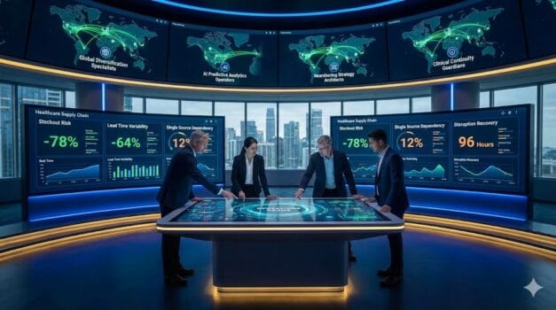 Strategic command center recruiting post-pandemic supply chain leaders for healthcare resilience, featuring diversified sourcing networks, AI predictive analytics, and nearshoring strategies ensuring clinical continuity.