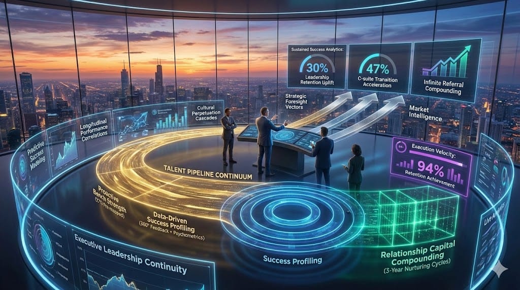 Strategic sustained success architecture—golden talent pipeline continuum (27% proactive bench strength), blue data-driven success profiling rings, emerald relationship capital compounding matrix, purple execution velocity dashboard ensuring 94% long-term leadership continuity.