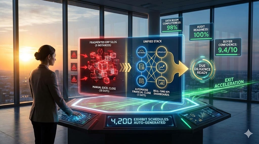 PE portfolio company CFO implementing enterprise systems standardization—ERP unification, financial close automation, KPI dashboards—accelerating due diligence from 120 days to 21 days with 98% data room completeness