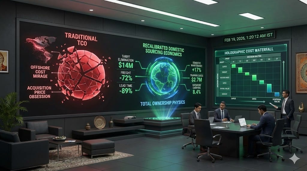 Strategic TCO recalibration matrix revealing hidden lifecycle costs—domestic reshoring eliminates tariff volatility and freight delays while exposing maintenance, training, and inventory carrying costs in true enterprise ownership economics.