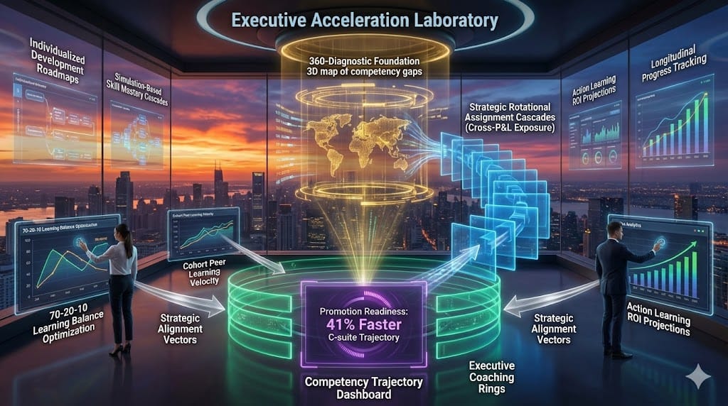 Precision leadership development architecture—golden 360-diagnostic foundation, blue rotational assignment cascades, emerald executive coaching rings, purple competency trajectory dashboard calibrating 94% accelerated C-suite readiness.