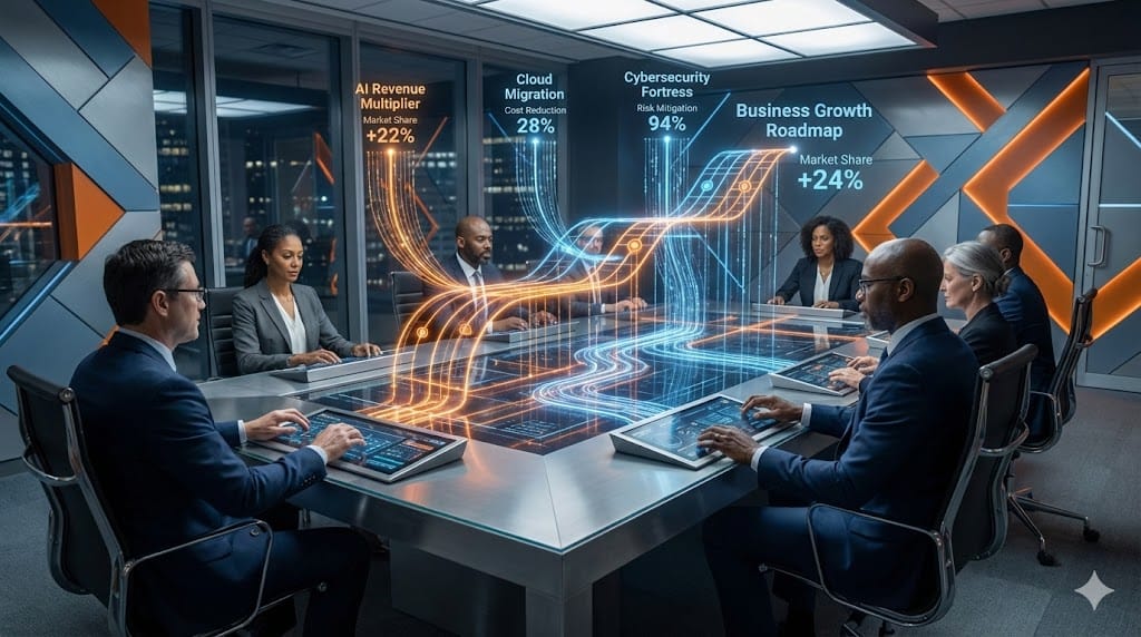 Strategic alignment visualization synchronizing technology roadmap with core business objectives through integrated digital transformation dashboard and executive collaboration.