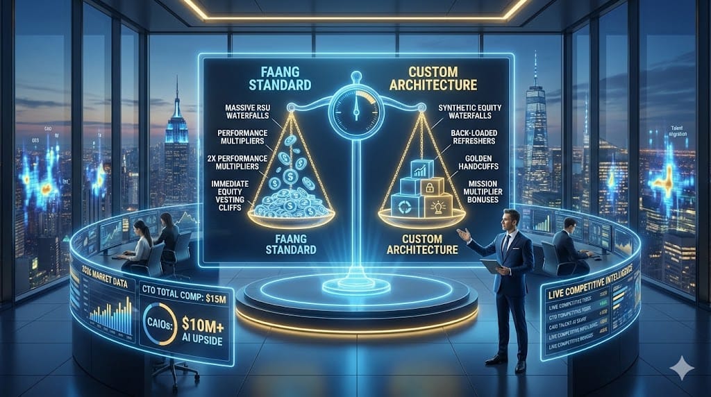 Strategic compensation architecture matching FAANG-level packages through blended equity refreshers, performance multipliers, and retention incentives visualized as competitive balancing scales
