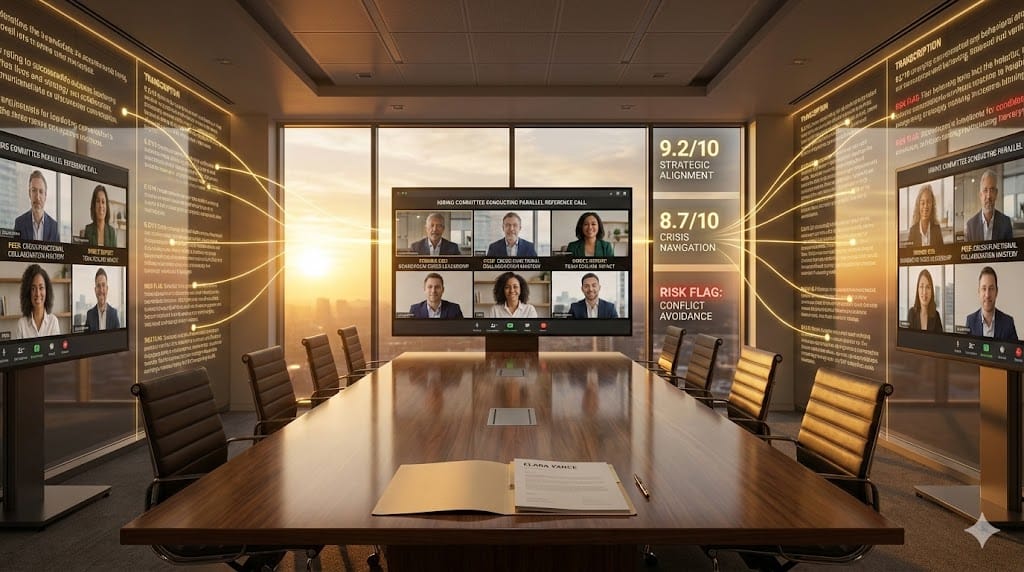 Sophisticated C-suite reference check process revealing hidden leadership patterns through strategic conversations with former board members, peers, and direct reports evaluating tech executive candidacy