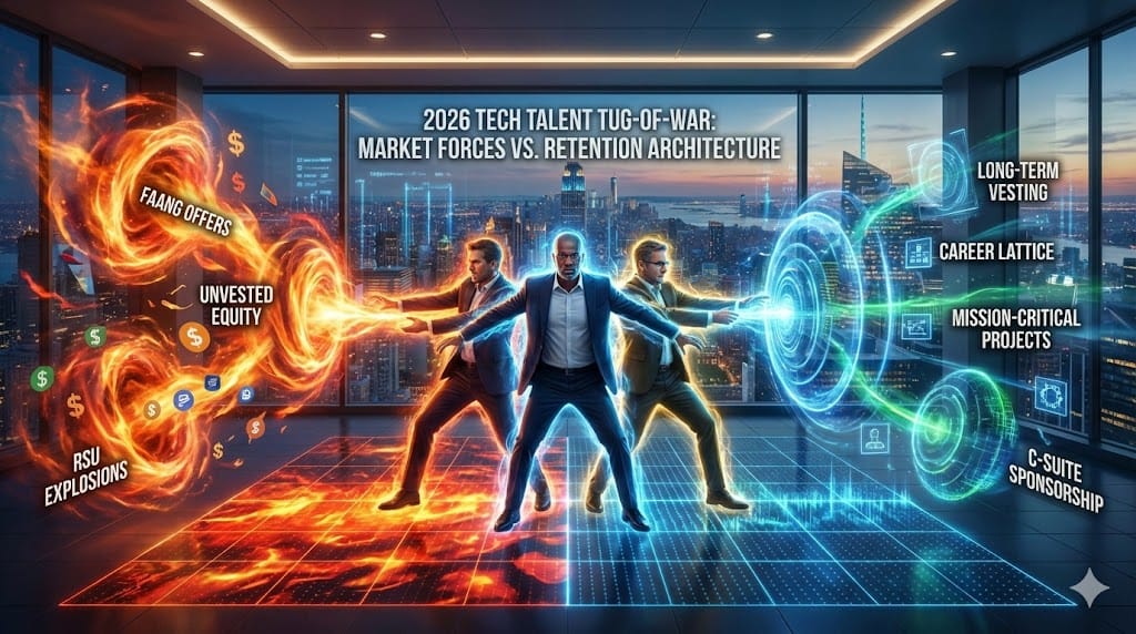 Magnetized C-suite tech executives being pulled by competing offers in a hot talent market while retention strategies like equity vesting, career lattices, and mission alignment create gravitational pull-back