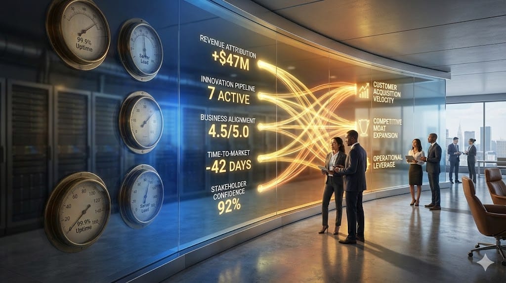 Strategic tech leadership dashboard measuring business value impact beyond traditional uptime metrics, featuring revenue growth, innovation ROI, stakeholder alignment, and transformation velocity gauges.