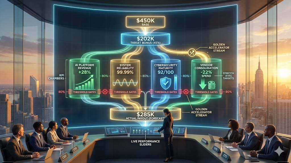 Dynamic 2026 tech executive bonus architecture linking 45% target incentives to critical KPIs—platform reliability 99.99%, AI revenue acceleration 28%, cybersecurity maturity score 92—driving enterprise transformation
