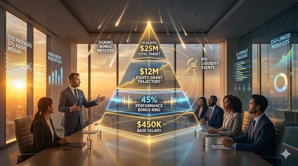Multi-layered compensation architecture for high-demand tech executives balancing base salary, performance bonuses, equity grants, and long-term incentives aligned with 2026 board governance and talent retention strategies
