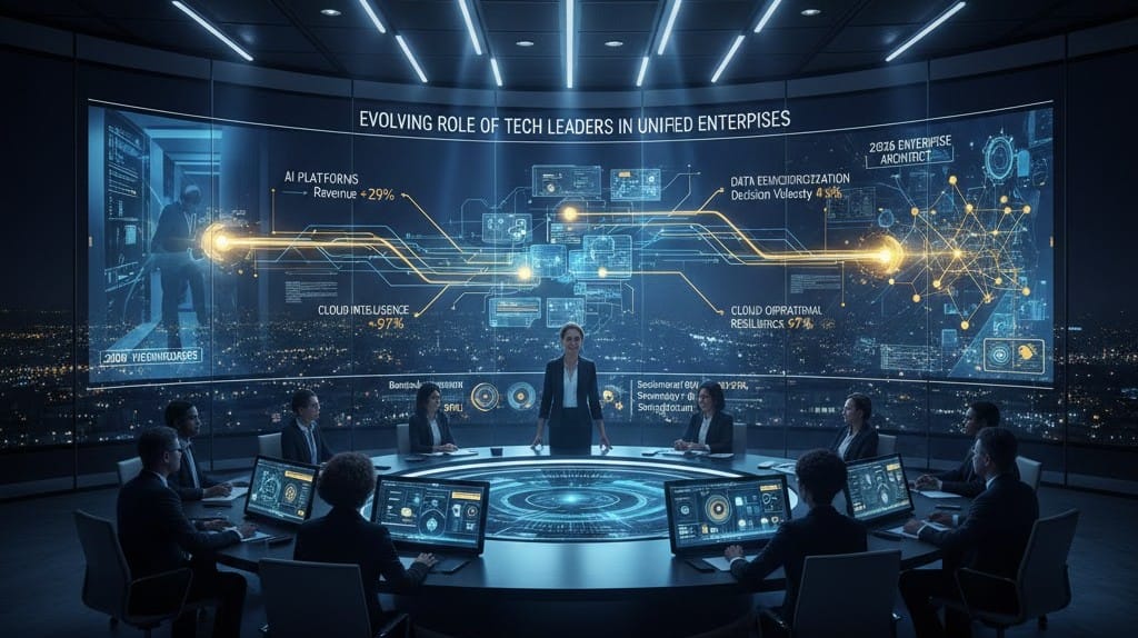 Tech executive evolving into unified enterprise strategist, orchestrating AI platforms, business growth, and cross-functional alignment from centralized command integrating technology with organizational strategy.