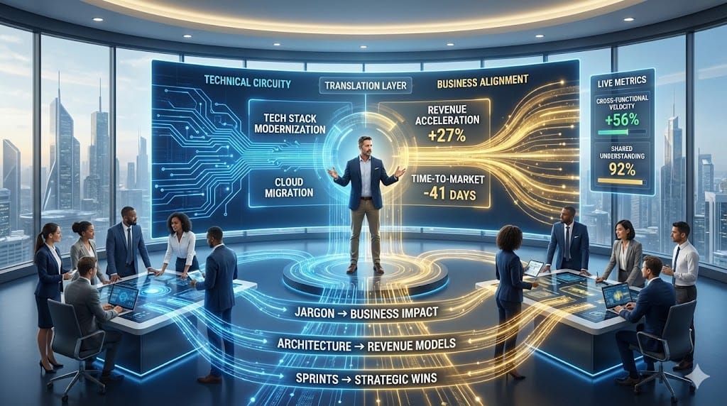 Tech executive bridging technical expertise with non-technical team leadership through clear communication, strategic translation, and collaborative culture building across diverse functions.