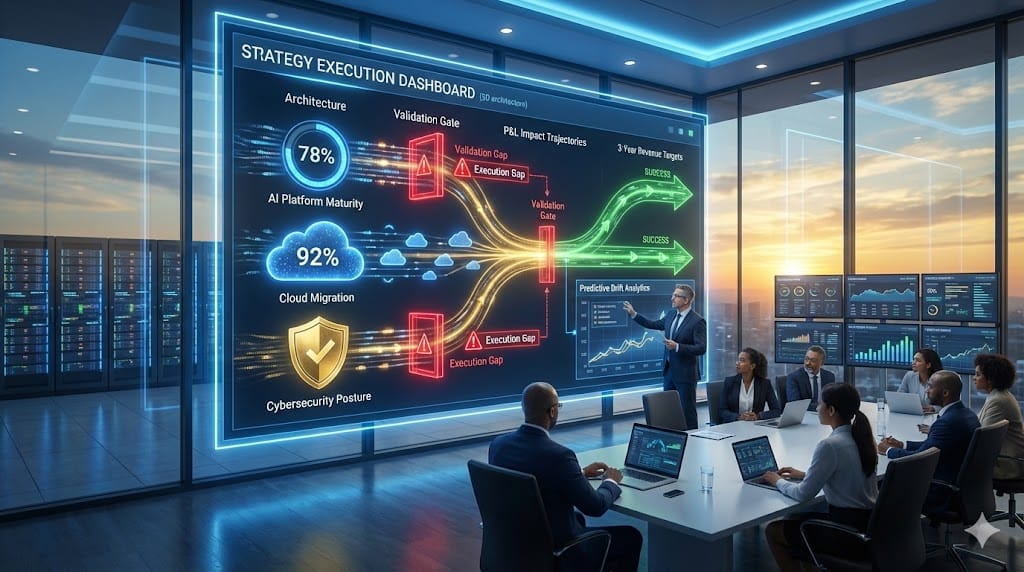 Executive dashboard validating CTO technical vision through real-time strategy execution metrics, platform maturity progress, and business outcome alignment across enterprise transformation