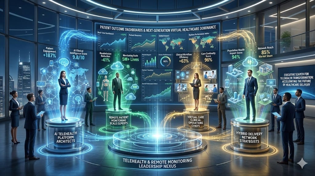 Executive recruitment command center targeting telehealth and remote patient monitoring leaders, showcasing AI integration, virtual care scalability, and hybrid clinical leadership expertise.