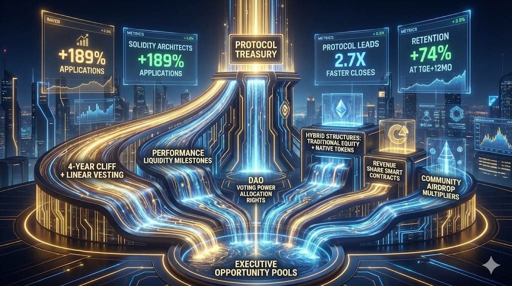 Strategic Web3 compensation architecture blending token vesting cliffs, liquidity milestone unlocks, DAO governance rights, and hybrid equity models attracting elite blockchain executives.