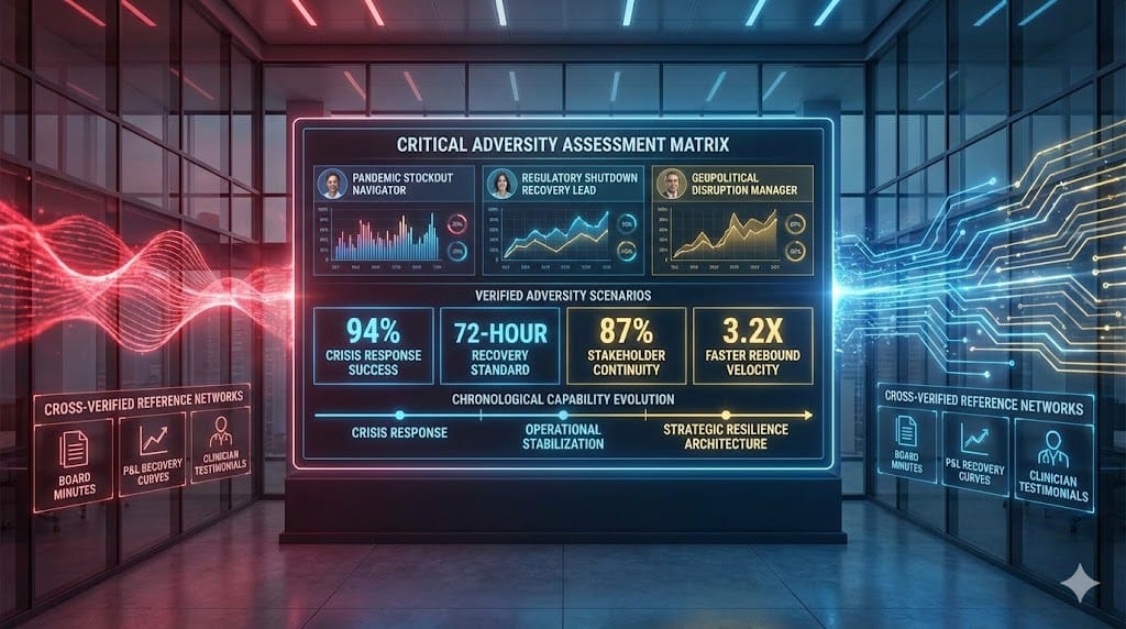 Executive assessment framework stress-testing leadership track records through critical adversity validation, featuring pandemic response, regulatory crisis navigation, and supply chain disruption recovery case studies.