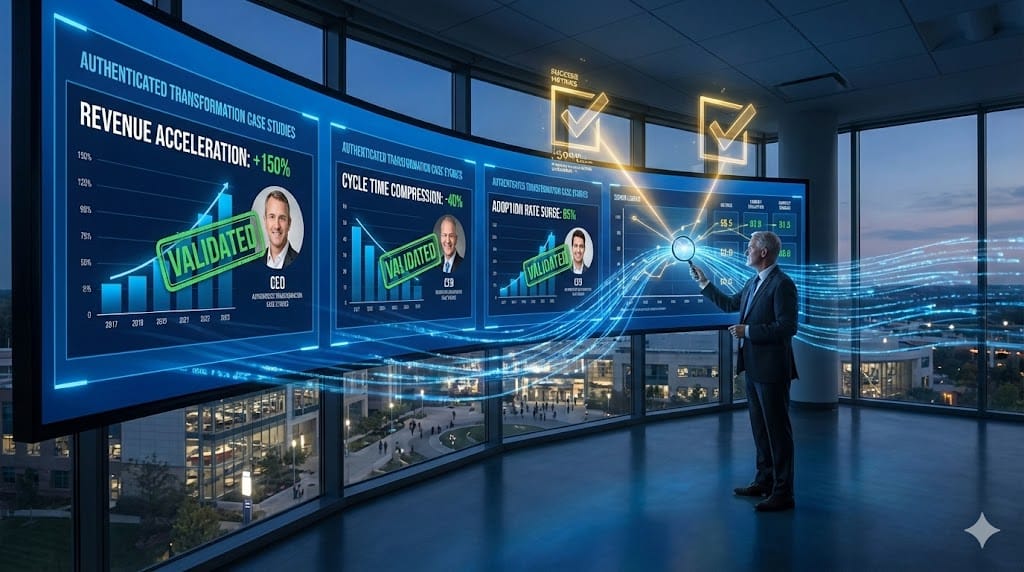Executive review dashboard verifying leadership transformation success through verified metrics like revenue growth, cycle time reduction, and adoption rates from past initiatives