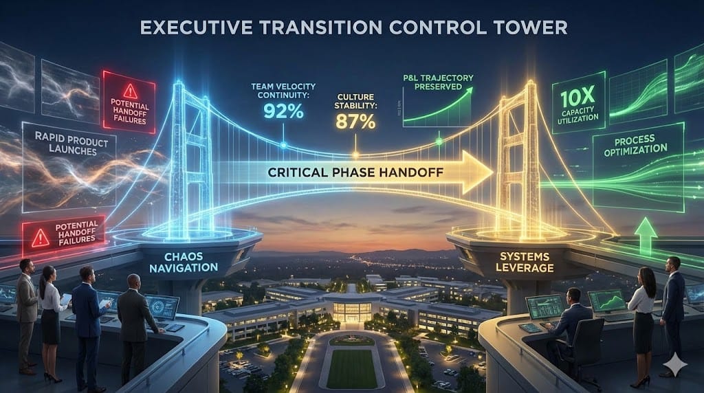 C-suite risk command center orchestrating seamless leadership phase transitions with real-time monitoring of builder-to-scaler handoffs, velocity continuity, and organizational stability metrics