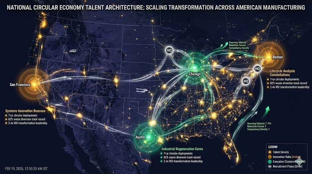 Strategic US talent acquisition network mapping distinguished circular economy leaders from coastal innovation hubs to heartland manufacturing centers, connecting systems thinkers with enterprise-scale waste reduction expertise.