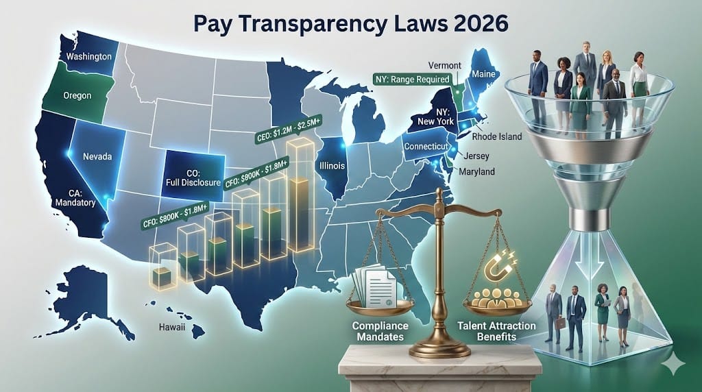 Landscape illustration of a U.S. map highlighting pay transparency states with ascending bar graphs showing executive salary ranges, recruiting funnel transforming into transparent glass structure, and balanced scales representing compliance and talent attraction. 800x450 px.