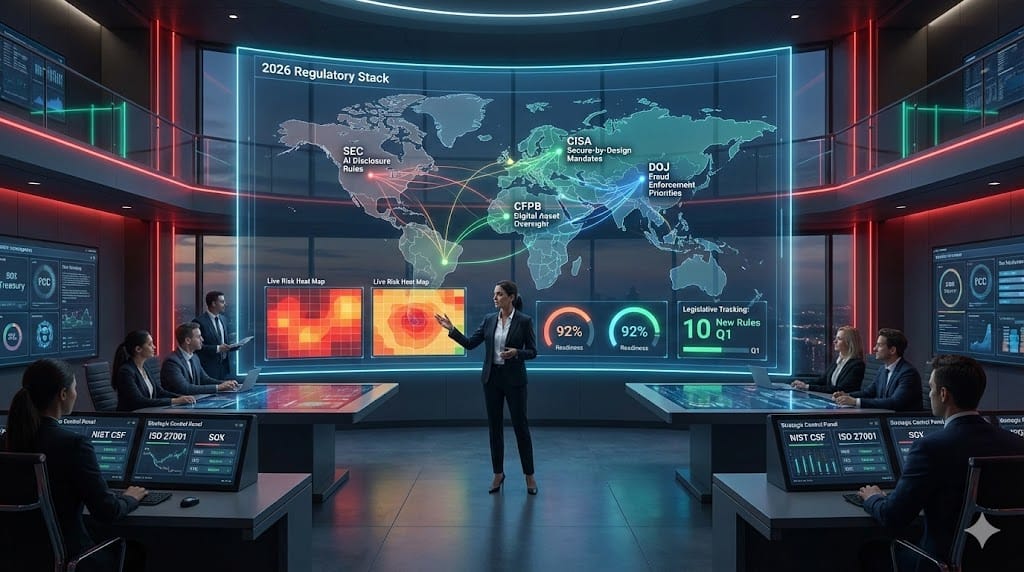 Strategic compliance command center mastering evolving US regulatory landscapes including AI governance, cybersecurity mandates, digital assets frameworks, and fraud prevention enforcement priorities.