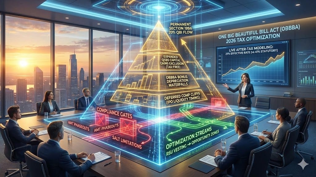 Sophisticated 2026 US tax optimization architecture for tech executives blending OBBBA compliance, Section 199A permanence, QSBS expansion, and advanced deferred comp strategies maximizing after-tax wealth