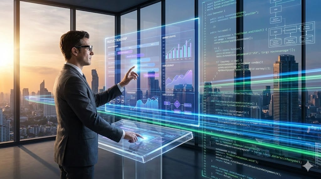 Confident executive leader embodying unified product and engineering expertise, standing at digital crossroads of strategy and code, representing the evolved C-level role driving integrated innovation