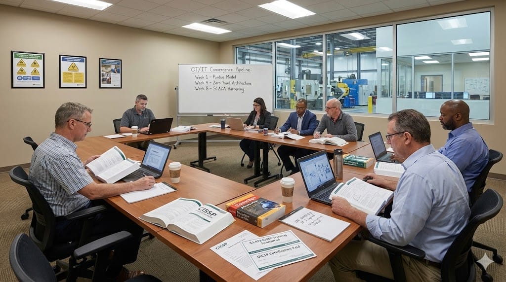 Corporate training center with engineers studying for industrial cybersecurity certifications—ISC2 CISSP textbooks, CompTIA Security+ practice exams, and ISA/IEC 62443 workbooks on shared tables beside company-sponsored certification vouchers.