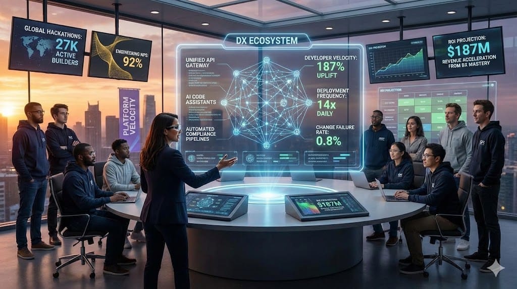 VP of Developer Experience orchestrating platform ecosystem with developer productivity dashboards, advocacy programs, and AI-enhanced toolchains driving 3x engineering velocity and revenue acceleration