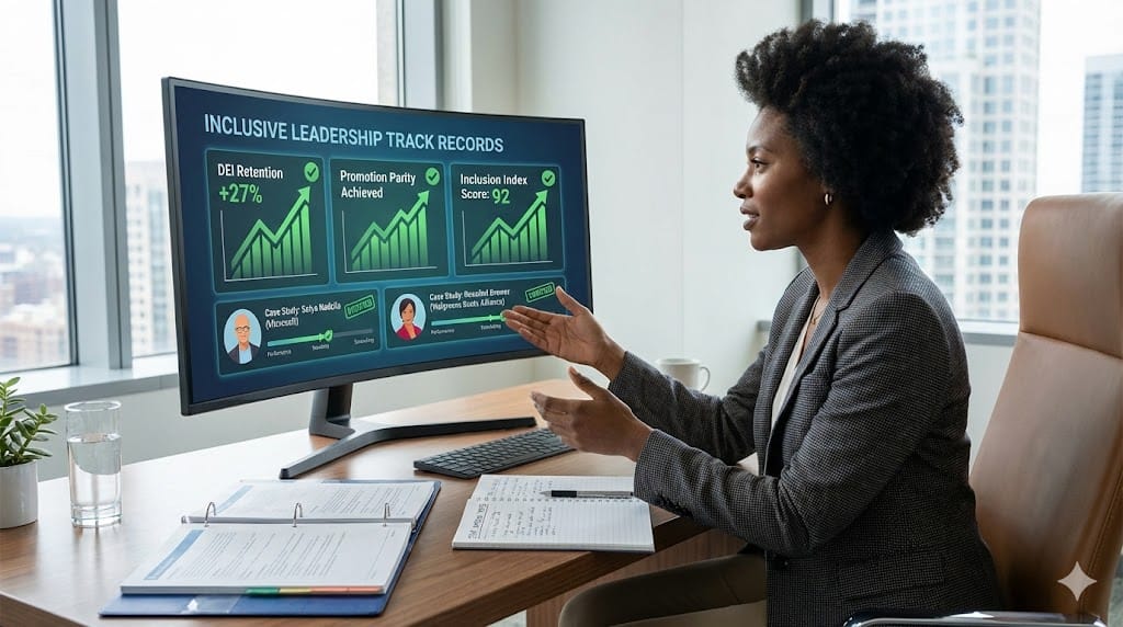 Executive reviewing verified track record charts showing diversity metrics, promotion rates, and inclusion outcomes during leadership assessment