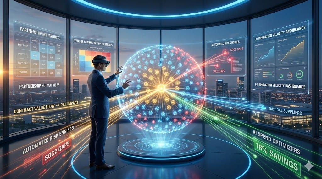 Strategic CTO orchestrating enterprise vendor ecosystem with tiered partnerships, risk dashboards, and value optimization flows connecting 200+ suppliers to business outcomes