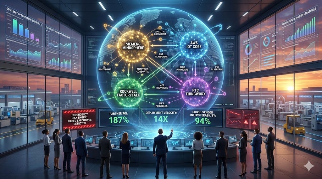  Executive evaluation of manufacturing leader's vendor ecosystem mastery—Siemens MindSphere orchestration, AWS IoT Core deployments, Rockwell FactoryTalk integrations, analytics partner ROI 187%—across 200+ technology providers 